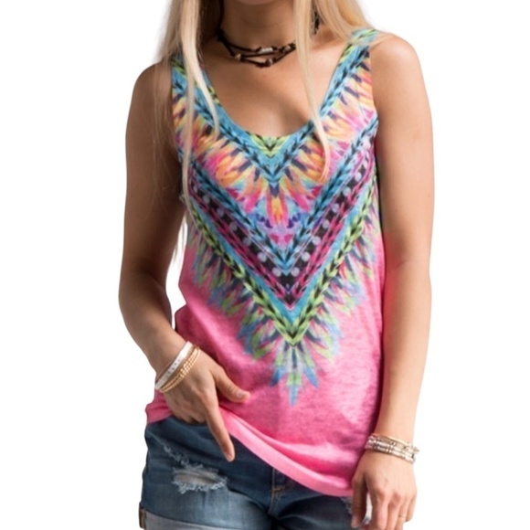 Xync Pink Multi Top Tank Shirt Bold Geometric Graphic Tie Dye print NIP - Picture 4 of 8